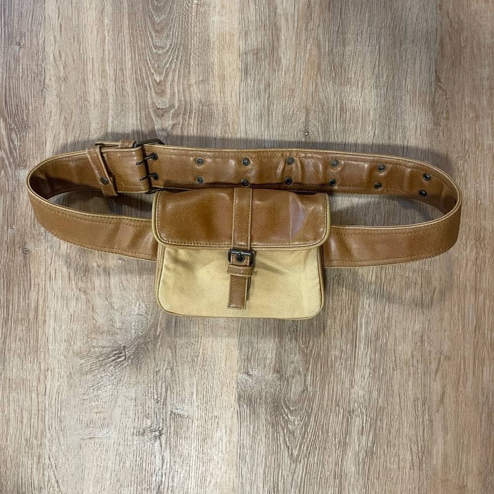 Tan Leather and Canvas Belt Bag